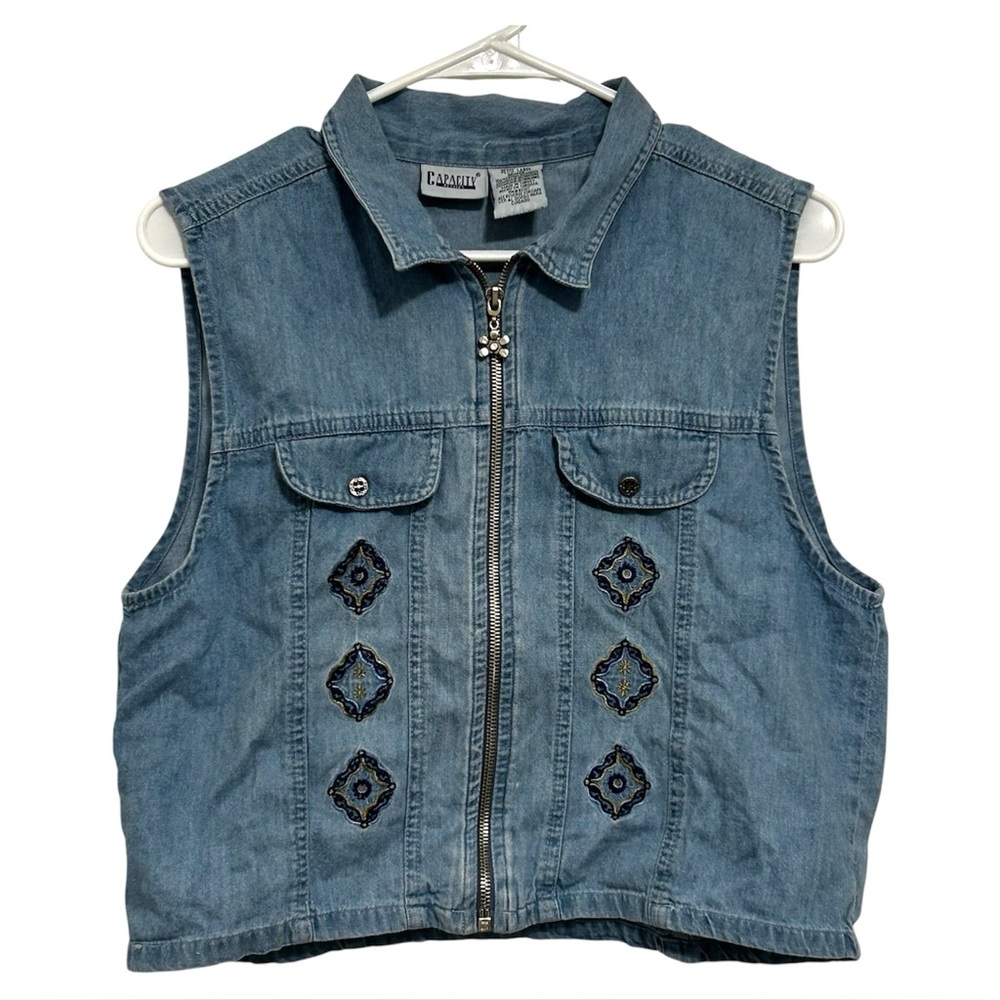 Vintage Denim Vest Capacity Petites Embroidered Zip Y2K 90s Petite Large